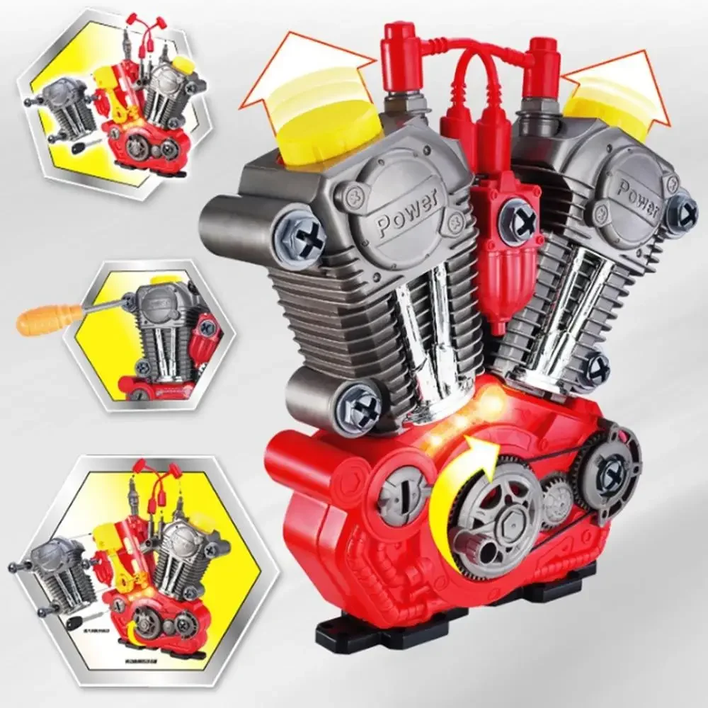 Children Toys Simulation Motorcycle Engine Overhaul Play Set with Light Sound DIY Assembly Mechanic Kit