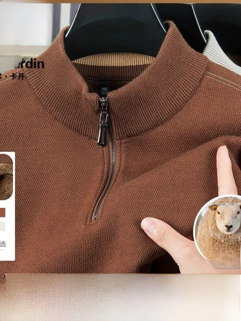 

Мужской шерстяной свитер Pierre Cardin с флисовой подкладкой, на молнии, с высоким воротником, термобелье, зимний модный стиль, длинный рукав