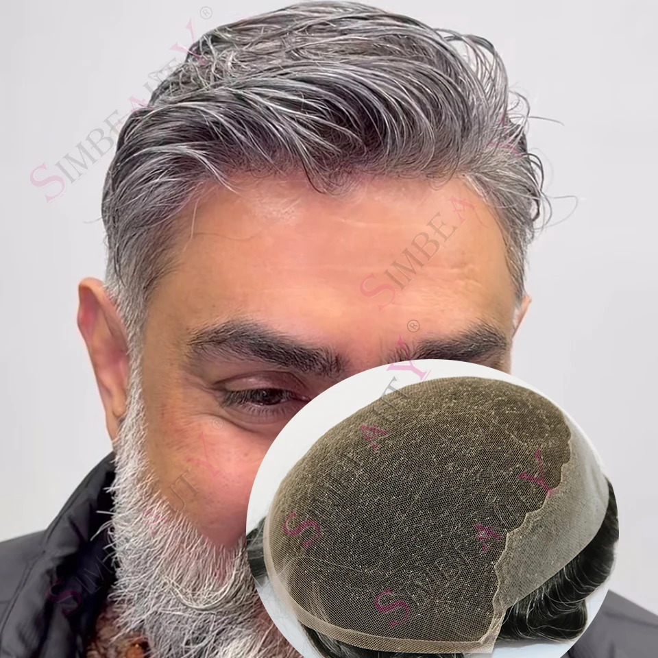 Durable Q6 macho 1B40 1B80 gris negro cabello humano Francia encaje y fino PU hombre pelucas transpirable peluquín indetectable línea de cabello nudos blanqueadores