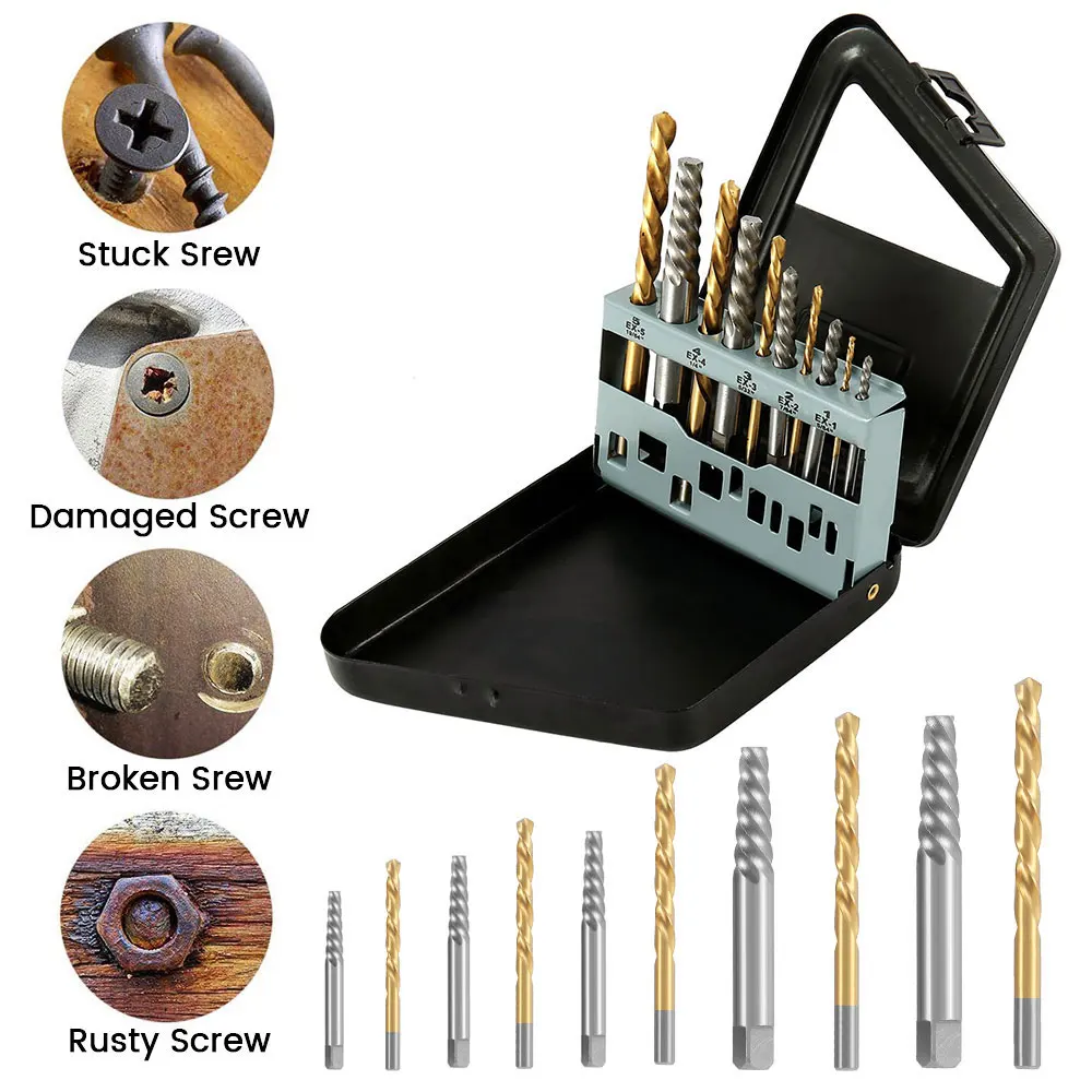 10pcs Drill Bit Set Cobalt Left Hand Accessories Broken Bolt Damaged Screw Extractor Set Metal Case Quality Perforator Tools