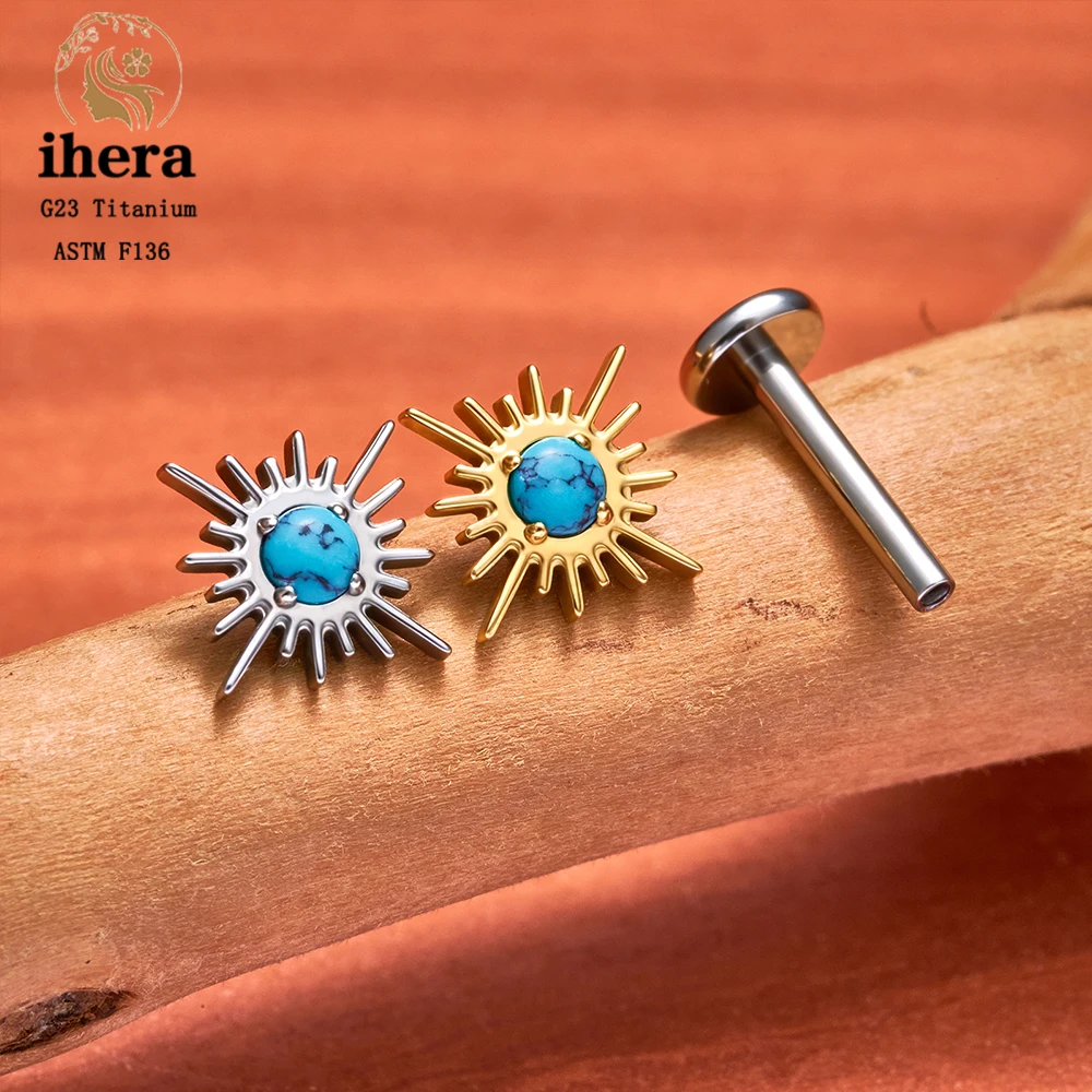 ASTM F136 Titanium Turquoise Sun Stud Earring 16G FlatBack Sunshine Labret Lip Studs Cartilage Tragus Helix Ear Piercing Jewelry
