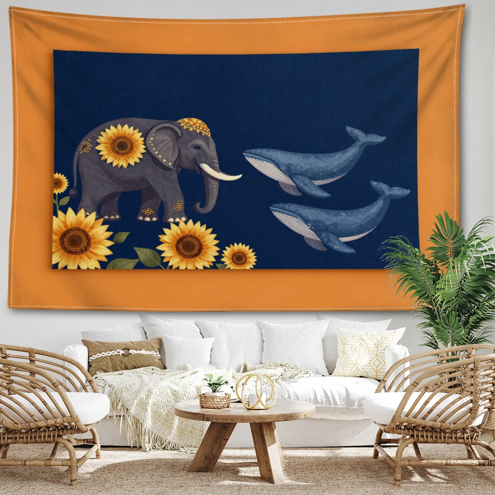 Navy Blue Elephant Whale Sunflower Wall Tapestry, Boho Nature Decor