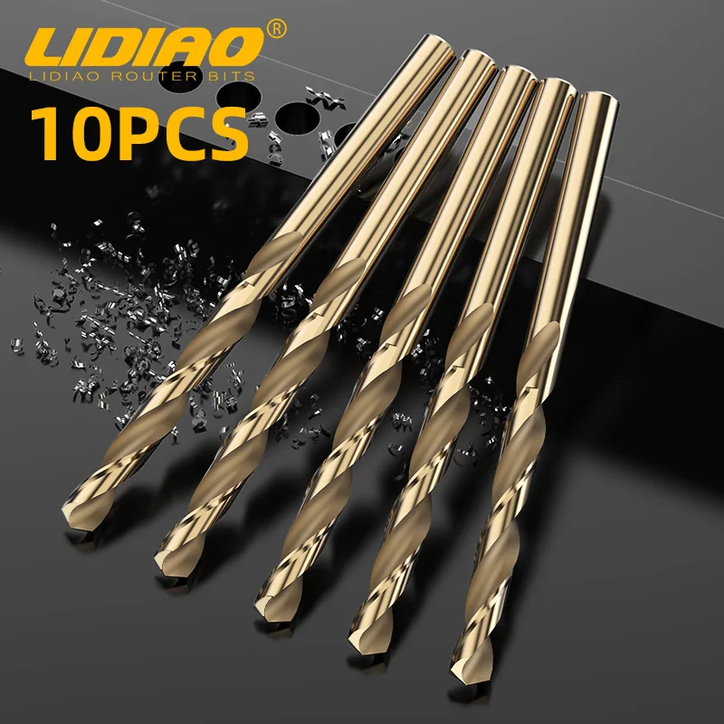 

LIDIAO 10 шт., набор спиральных сверл с прямым хвостовиком, высокоскоростная сталь с титановым покрытием, HHS, резак для дерева, пластика, деревообрабатывающий инструмент