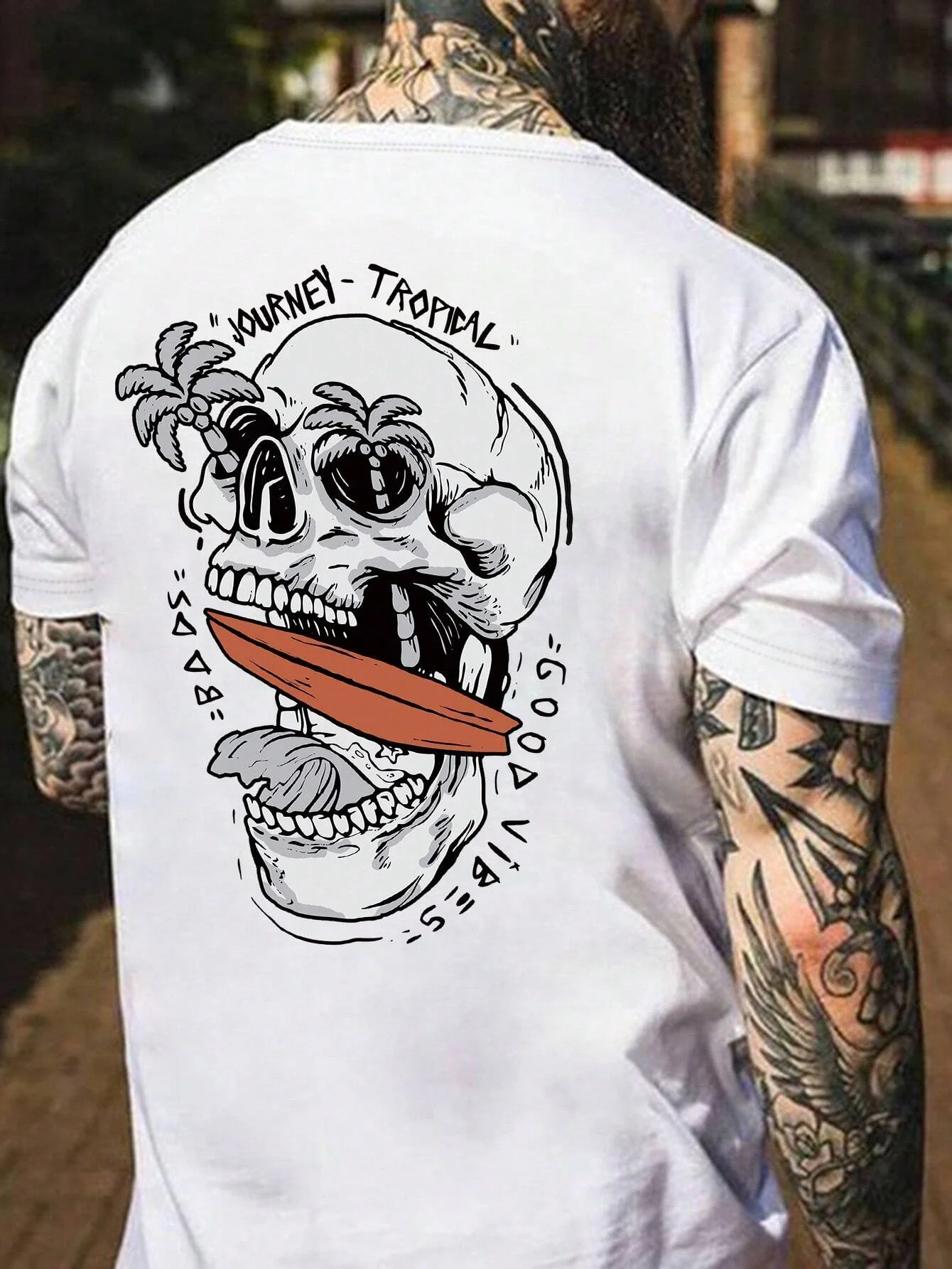 Summer men's 100% pure cotton casual loose plus size personalized skull pattern printed round neck short sleeved T-shirt top
