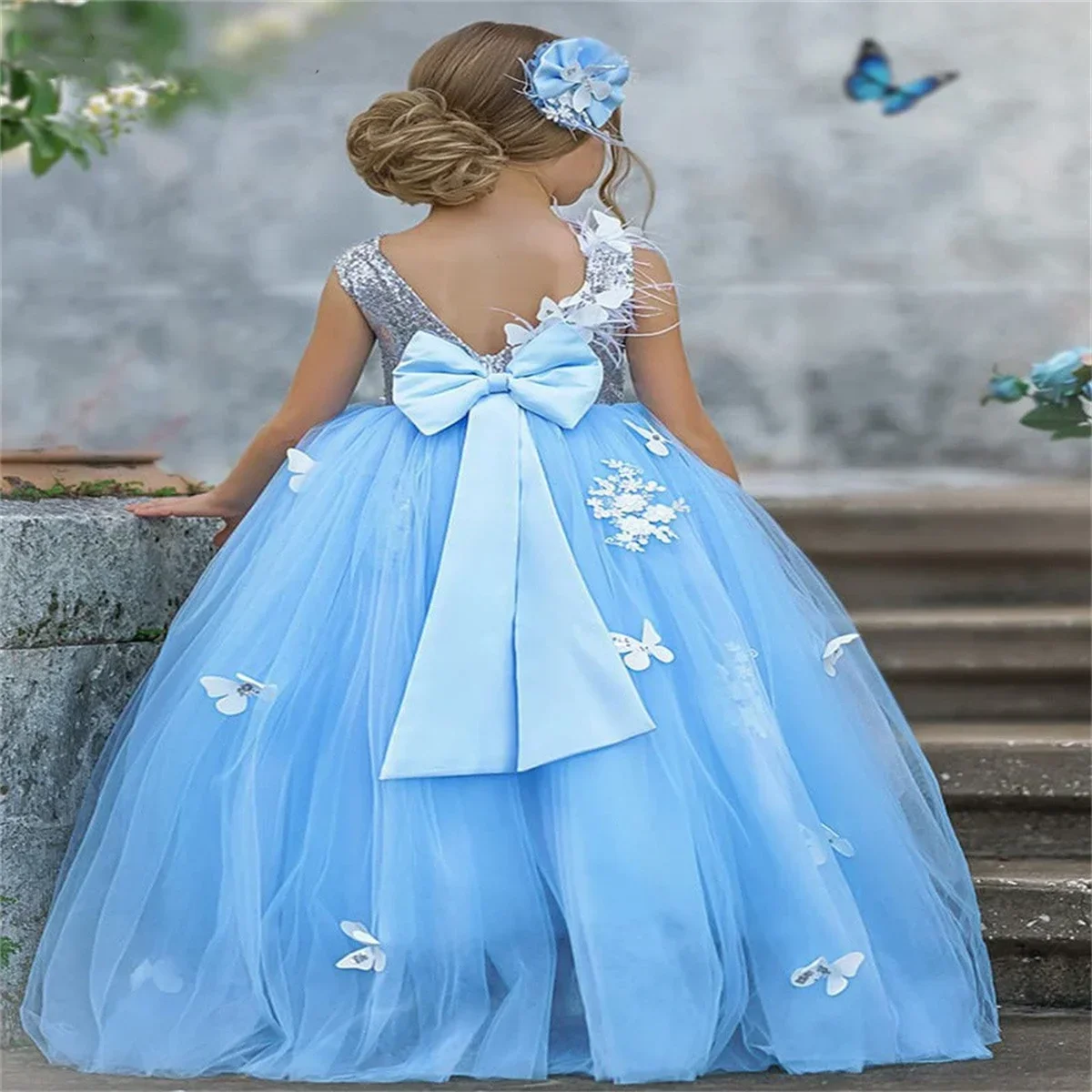 Azul tule applique lantejoulas sem mangas arco vestido da menina de flor para o casamento criança primeiro vestido eucarístico festa aniversário personalizado