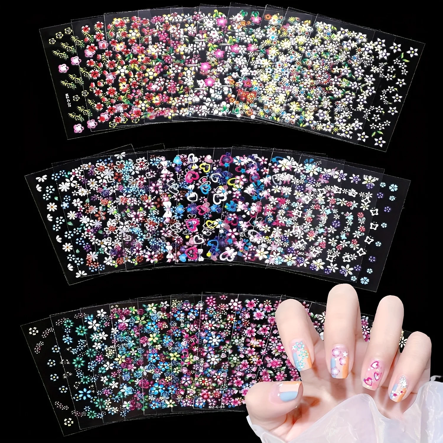 30pcs (Choose Quantity) Glossy Nail Stickers - Self-Adhesive, Floral, Pastel & Bright Colors - Permanent Decoration for Nails