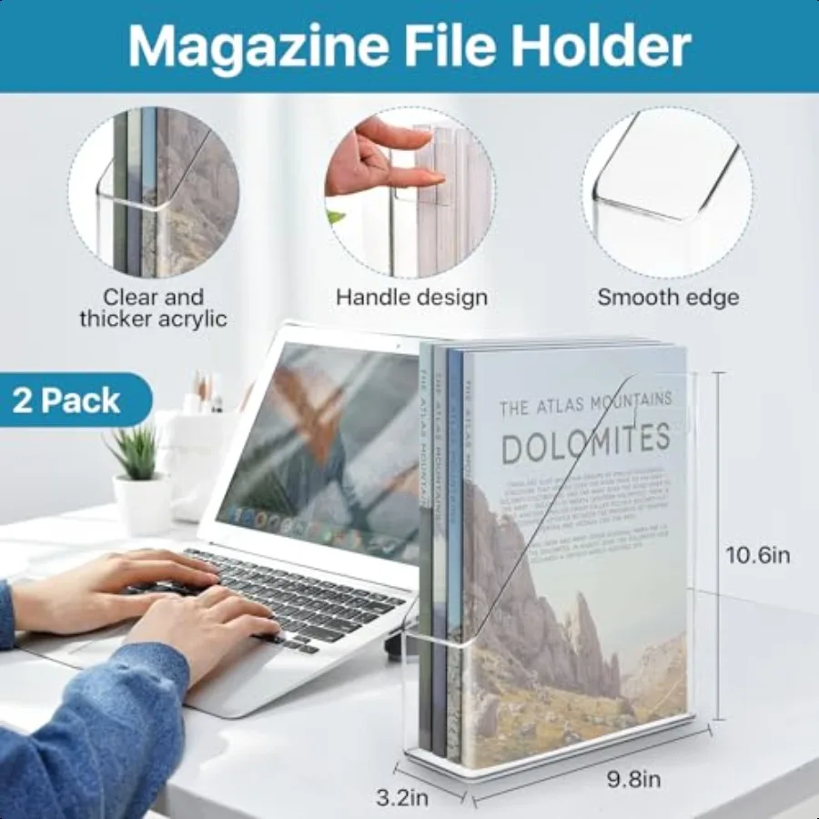 2 حزمة حامل ملفات المجلات البلاستيك الشفاف A4 منظم الملفات العمودي مع مقبض منظم مكتب مجلة وثيقة الرف سليم Ver