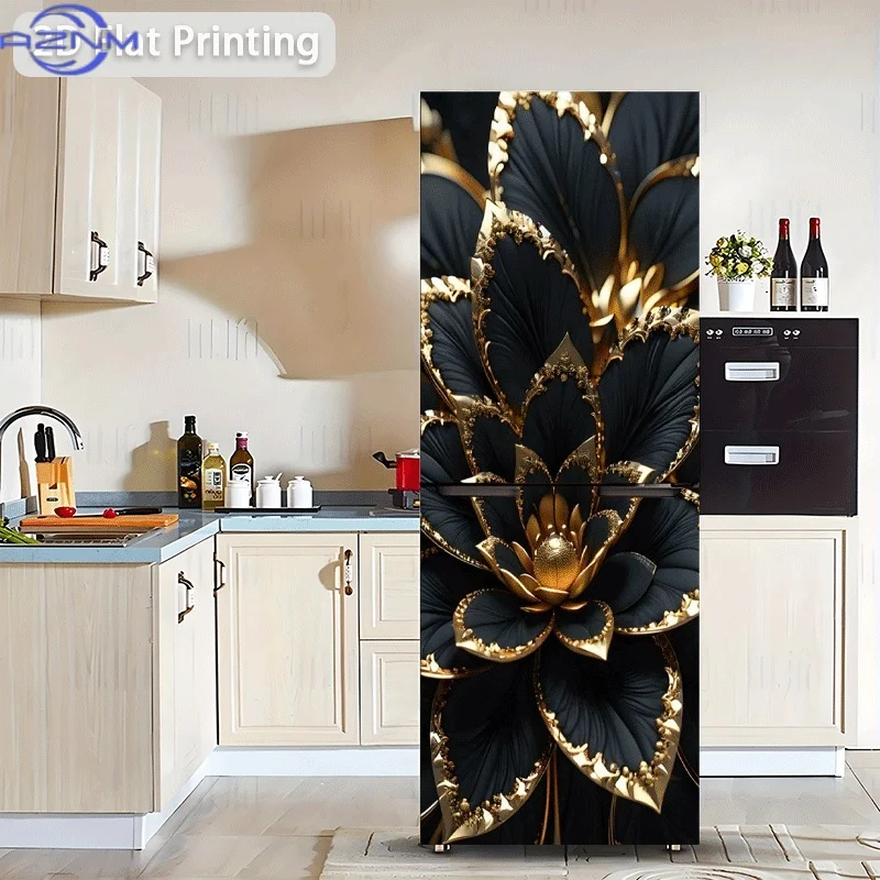 Black & Golden Floral Self-Adhesive Wallpaper Sticker Suitable for Cabinets, Wardrobes, Modern Kitchen - Shiny Peel & Stick Re