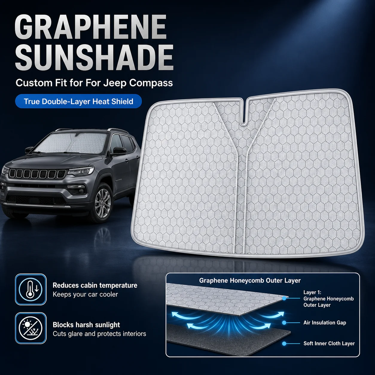 For Jeep Compass Graphene Windshield Sunshade Custom Fit Car Sunshade UV Sun Protection Car Interior Accessories