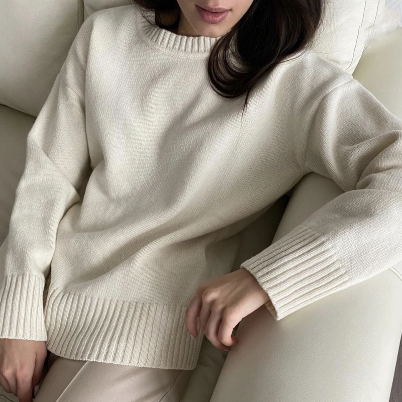 Hirsionsan Basic Khaki Knitted Cashmere Sweaters Women 2023 New Winter Loose Solid Ladies Pullovers Warm Casual Knitwear Jumper