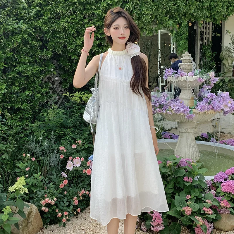 

French Romantic Advanced Design Pink Sleeveless Cold-Shoulder Halter Female Summer Seaside Vacation Long Dress