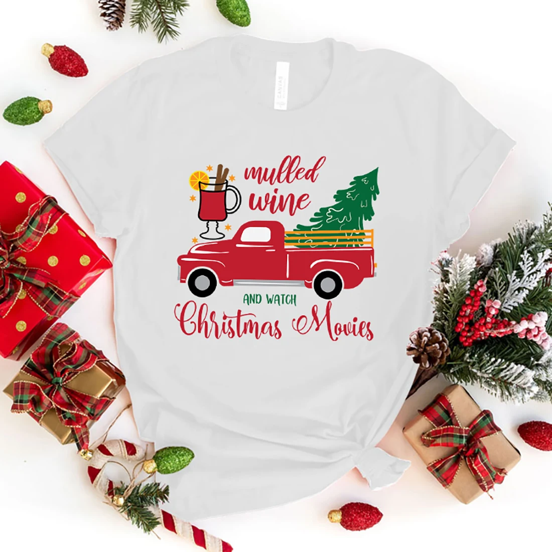 Hot Christmas Mulled Wine And Watch Christmas Movies Graphic Short Sleeve T-Shirts For Women Men Shirts Loose T-Shirt Casual Top