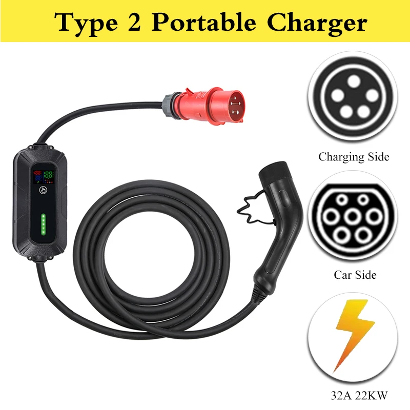 Level 2 EV Charger 22KW 3 Phase Type 2 IEC 62196 CEE Plug Portable Electric Vehicle Type 2 Wallbox Charging EVSE Tesla car