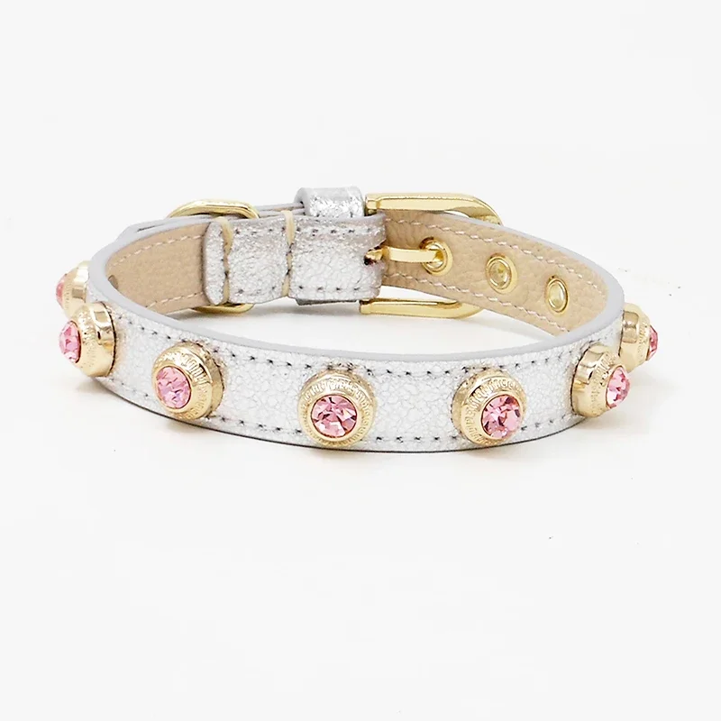 PinkDog Pet Collar Cat Necklace Accessories Genuiner Leather Bling Czech Rhinestone Customized Designer Diamond Collar