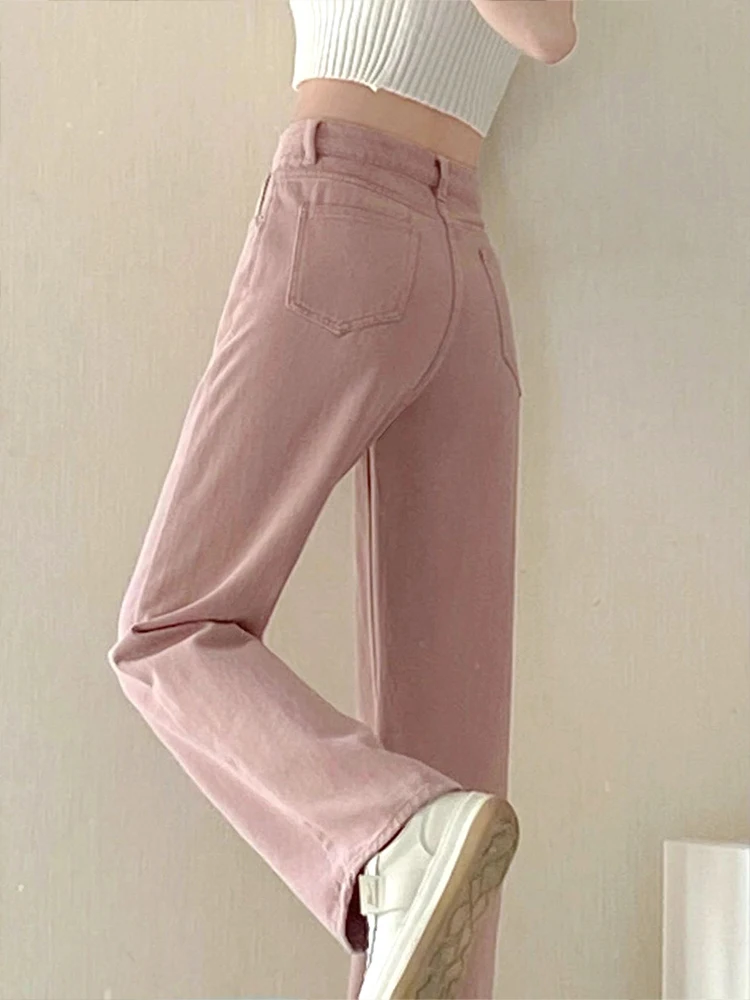 

Джинсы женские прямые с высокой талией, розовые, деним, весна-осень, свободный крой, длинные брюки, с эффектом утяжки живота, широкие штанины, длиной в пол