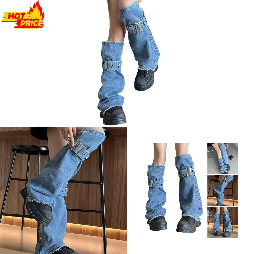 

Distressed Jeans Leg Sleeves with Buckled Straps for Women Harajuku Punk Grunge Washed Denims Leg Warmers Flared Socks