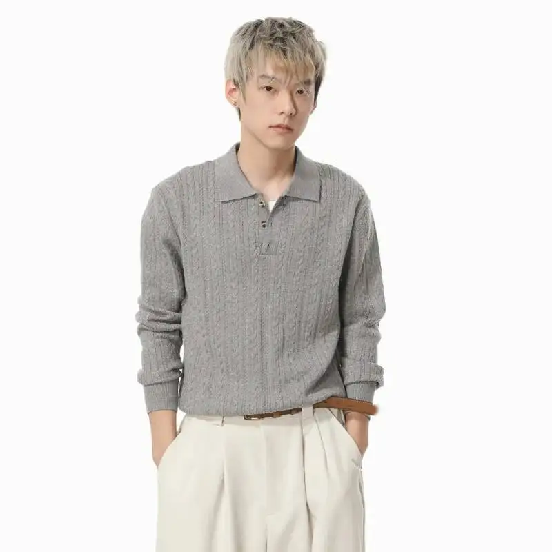 

Простые мужские свитера, однотонное украшение на пуговицах, пуловер с отложным воротником, вязаный топ, универсальная свободная мужская одежда