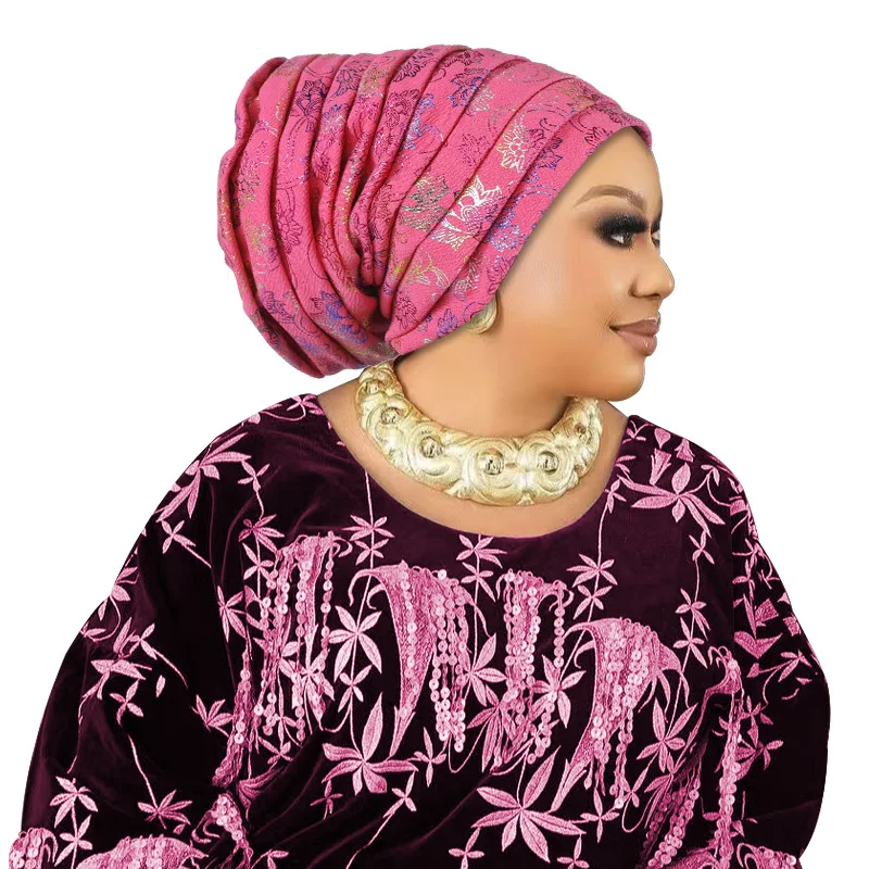 Fashion Full Body Pleated Bronzing Turban Cap for Women Head Wraps Bonnet Muslim Hat African Head Ties Nigeria Female Headgear