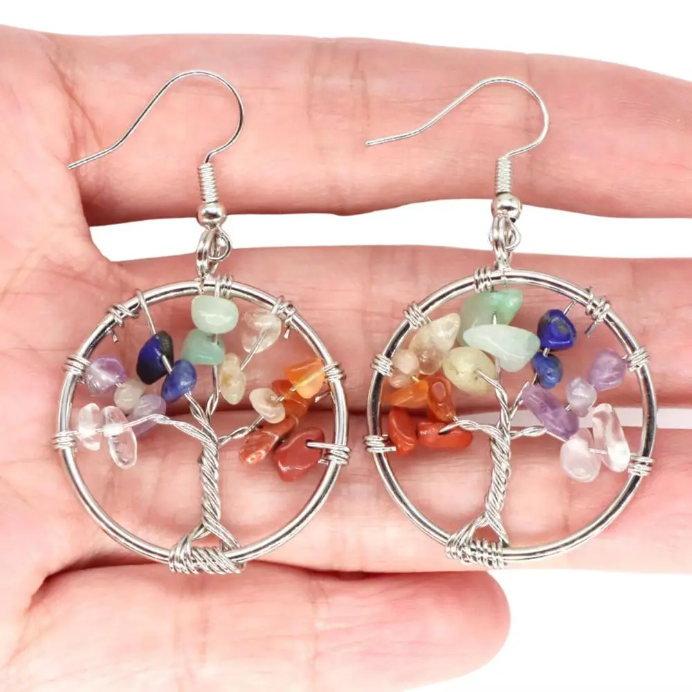 Tree of Life Dangle Earrings for Women Natural Tumbled Stone Rose Quartz Healing Crystal Drop Hooks Earring Chakra Jewelry Gifts