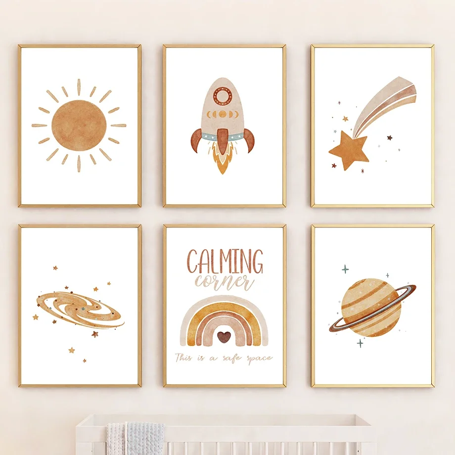 

Boho Rocket Planet Space Sun Cloud Rainbow Quotes Wall Art Posters Prints Nordic Canvas Painting Cartoon Pictures Kids Room Deco