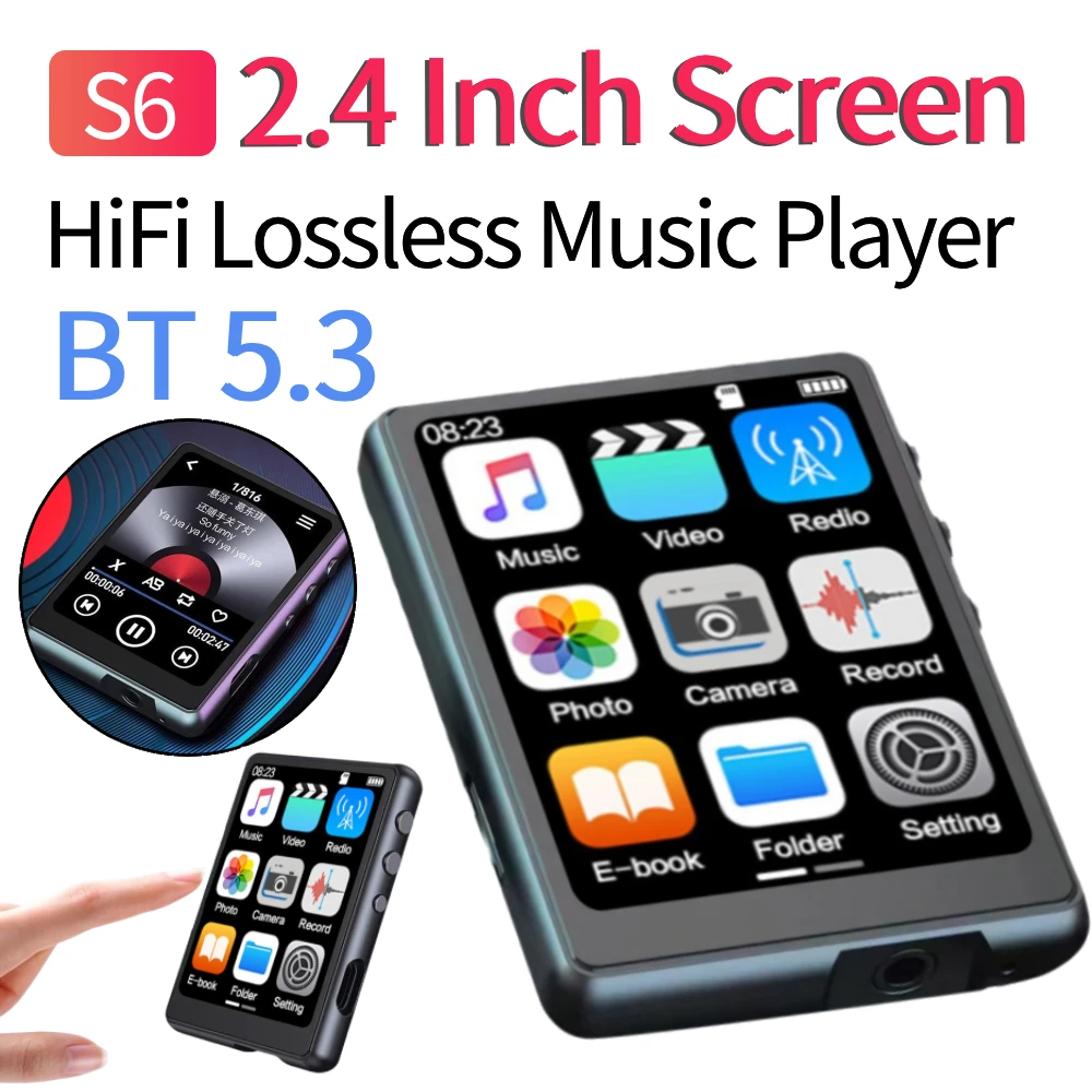 Reproductor MP4 pantalla de 2,4 pulgadas Walkman para estudiantes Bluetooth 5,3 E-Book/grabadora compatible con reproductor HiFi sin pérdidas completamente táctil grabadora de voz