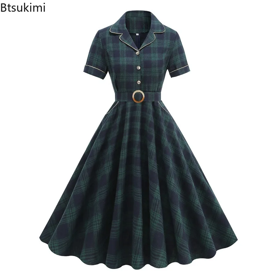 レディース ヘップバーン風 エレガント グリーン チェック柄 ヴィンテージ カジュアル ドレス 襟付き パッチワーク ビッグスイング ロカビリードレス