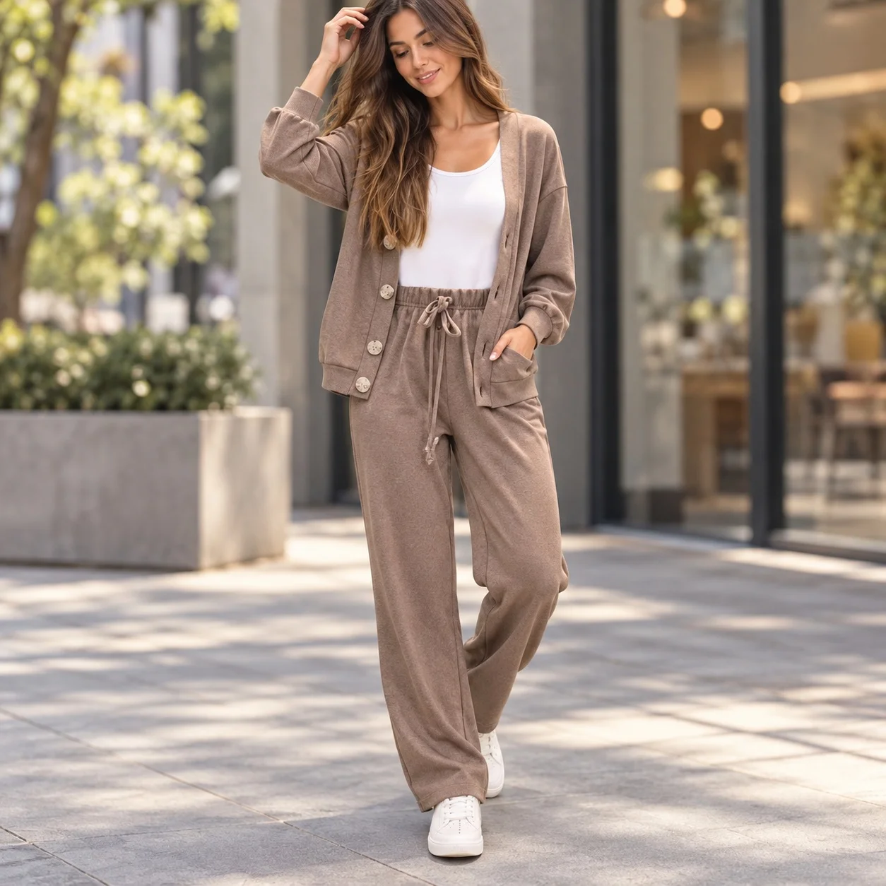 Casual Pocket Set Full Length British Style with Long Pants Patchwork Long Sleeve Raglan Sleeve Elegant Commuting Women Sets