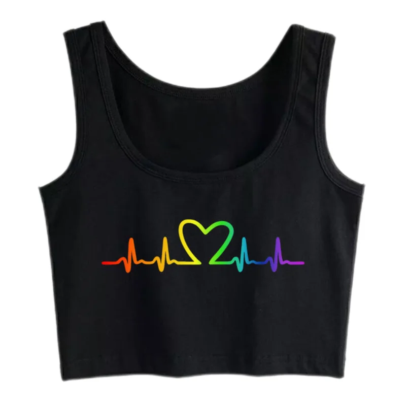 Rainbow Heartbeat Graphics Sexy Slim Fit Crop Top Bisexual Happy Pride Month Cotton Tank Top LGBT Sports Camisole