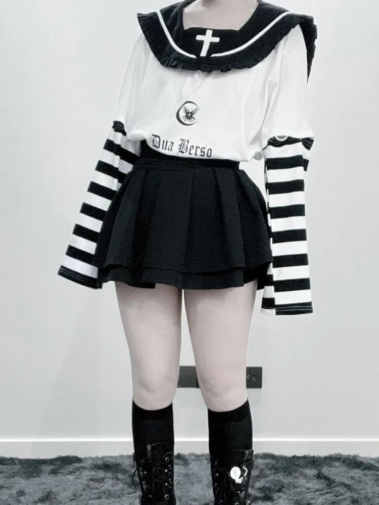 

Y2k Aesthetics Stripes Patchwork Long Sleeve Tops Women Gothic Print Casual Loose T-shirt Grunge Sailor Collar E-girl Tee Shirts
