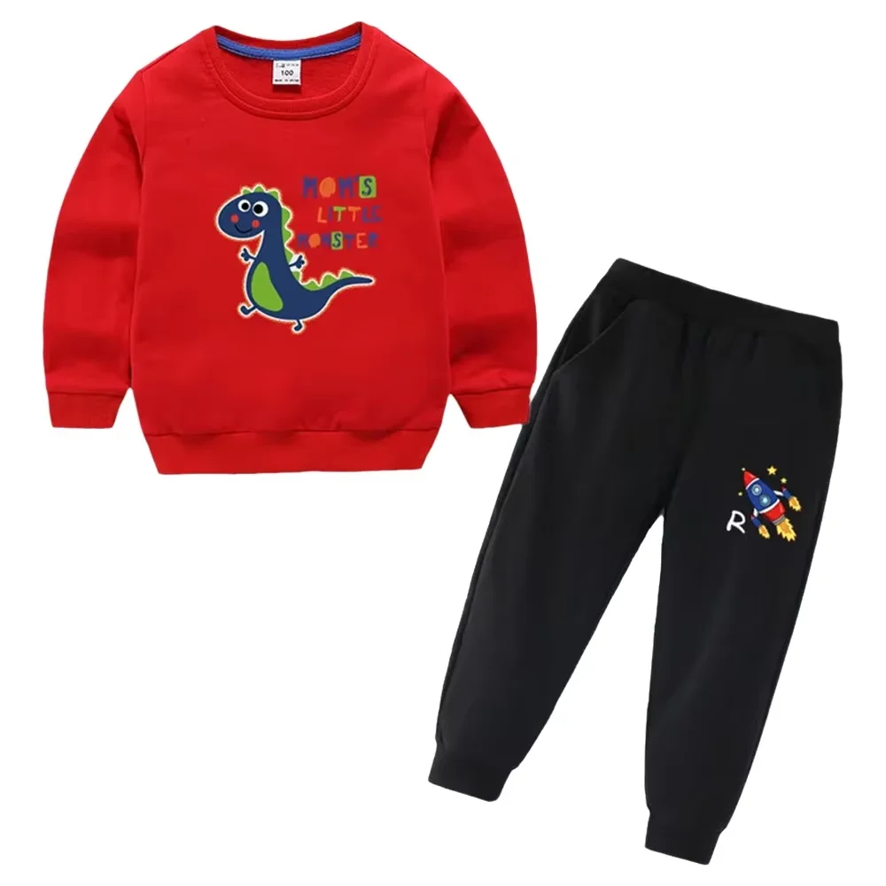 Kids Boys Cartoon Dinosaur Print 2Pcs Clothing Set Crew Neck Sweatshirt Sweatpants Casual Long Sleeve Outfit For 4‑12Y