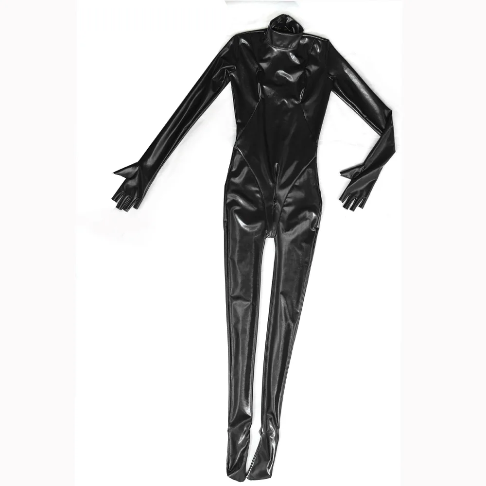 Shaped Breast Woman Jumpsuits PVC Faux Leather Catsuit Separate Finger Conjoined Bodysuit Shiny Triangle Splice Crotch Shapewear