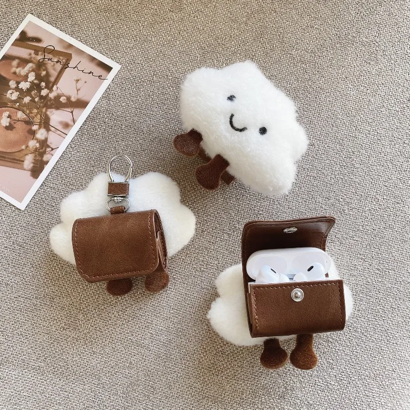 

Cute Plush Smile Cloud Earphone Bag for AirPods Pro3 2025 Pro2 1 2 3 4 Soft Brown Cattlehide Protective Sleeve Shockproof Case