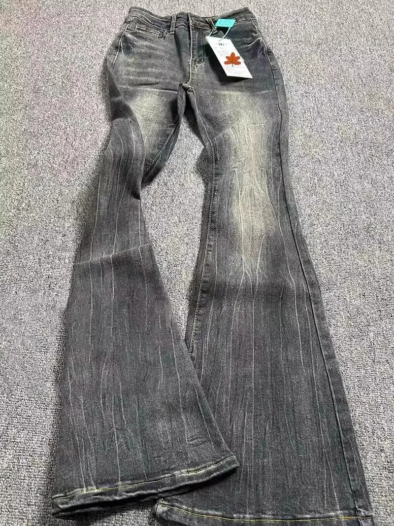 

American fashion denim bell bottom pants for spring and summer high waisted slim fit y2k black gray women's retro pants
