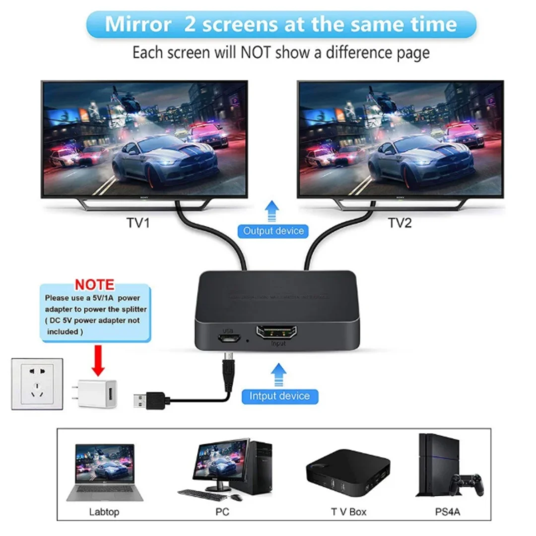 4K HDMI-compatible 1x2 Splitter Switch 1 in 2 Out Video Distributor Amplifier Dual Display for Box PC Monitor Projector Laptop image 2