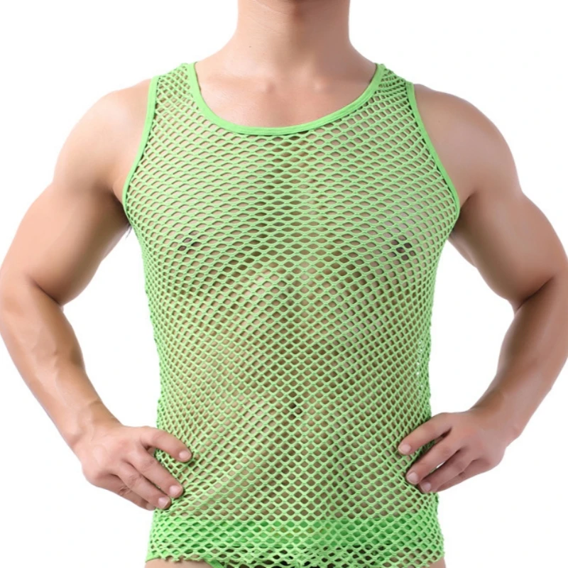 

Мужской сексуальный прозрачный ажурный жилет, майка, мужское прозрачное сетчатое нижнее белье, майка, одежда для ночного клуба, рубашка с вырезами, одежда для сна