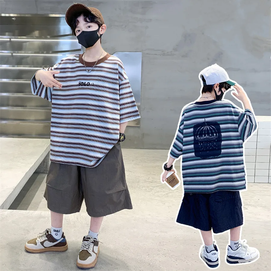 

2026 Children Summer Clothes Set for Teen Boy Cotton Striped T-Shirt Shorts Two Pieces Outfit Suit Kids Clothing 5 7 9 11 13 14Y