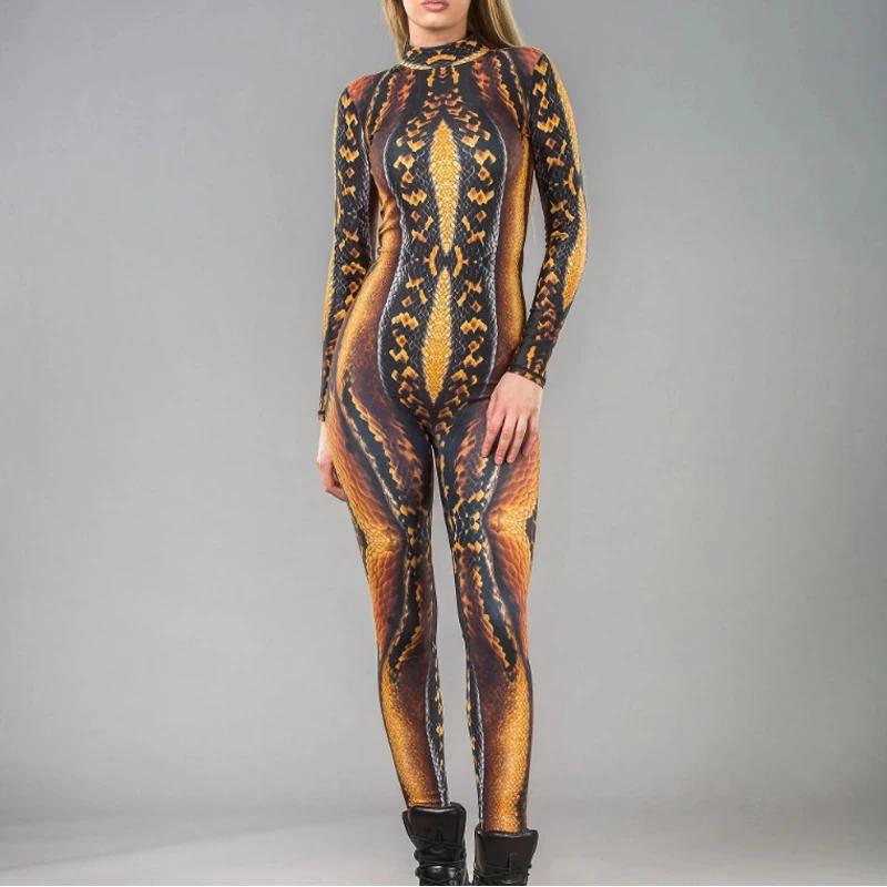 Women Sexy Snake Skin Print Cosplay Jumpsuit Halloween Punk Zentai Suit Holiday Party Rave Gothic Perfermence Bodysuit