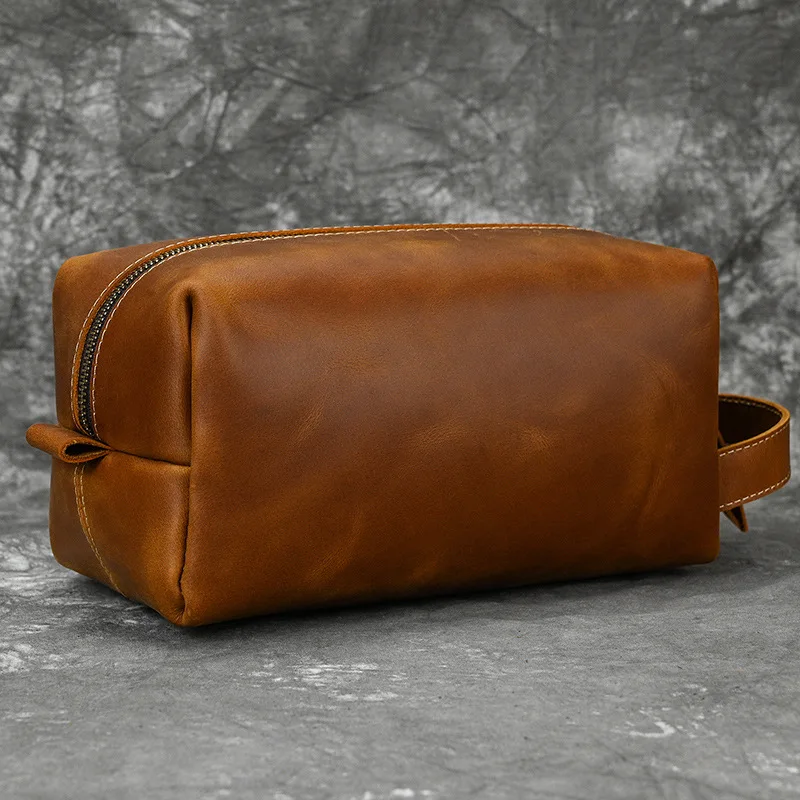 

New Men's Genuine Leather Handbag, Crazy Horse Leather Multi functional Wash Bag, Neutral Travel Makeup Bag, Mobile Phone Bag
