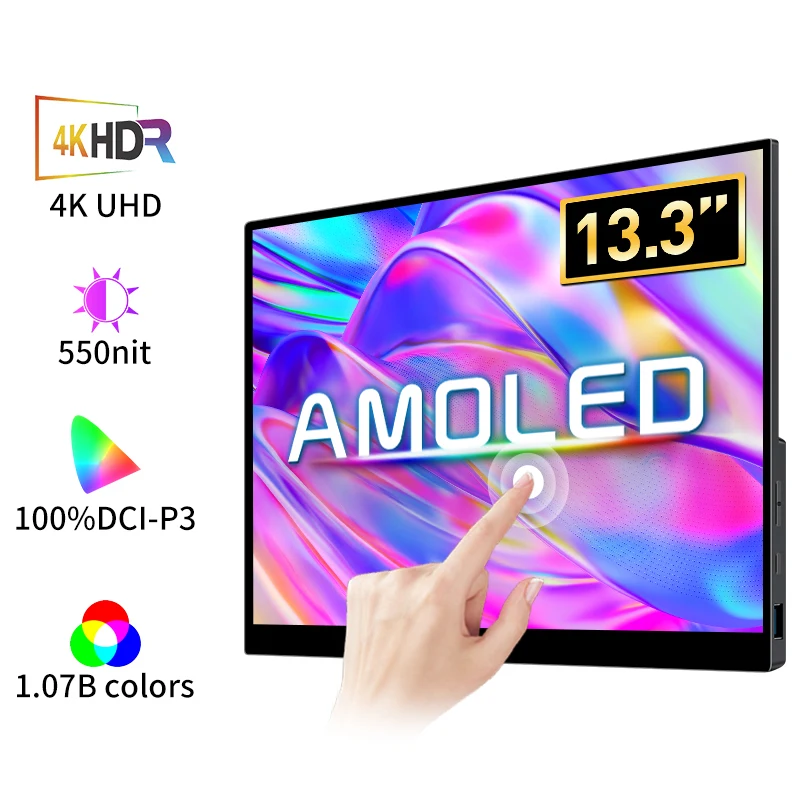 13.3 인치 4K OLED 터치 스크린 휴대용 모니터 3840*2160 Type-C HDMI 호환 휴대 전화 PC 노트북 게임