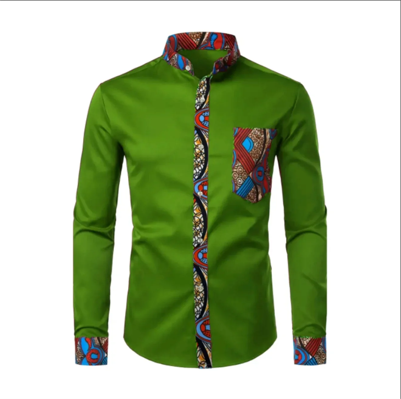 2025 Dashiki 아프리카 남성 셔츠 패치 워크 포켓 Africaine 프린트 셔츠 남성 앙카라 스타일 긴 소매 디자인 칼라 Mens Dress Shir