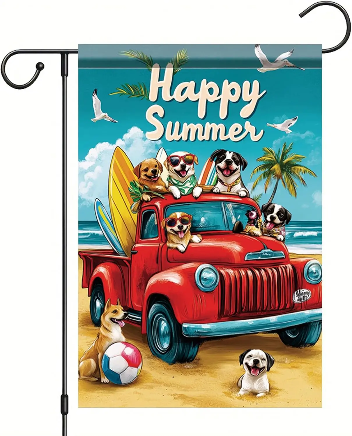 Happy Summer Garden Flag Red Truck Coastal Flag 12 x 18 Double Sided Beach Dogs Beach Truck Yard Banner Outdoor Decoration f jjp