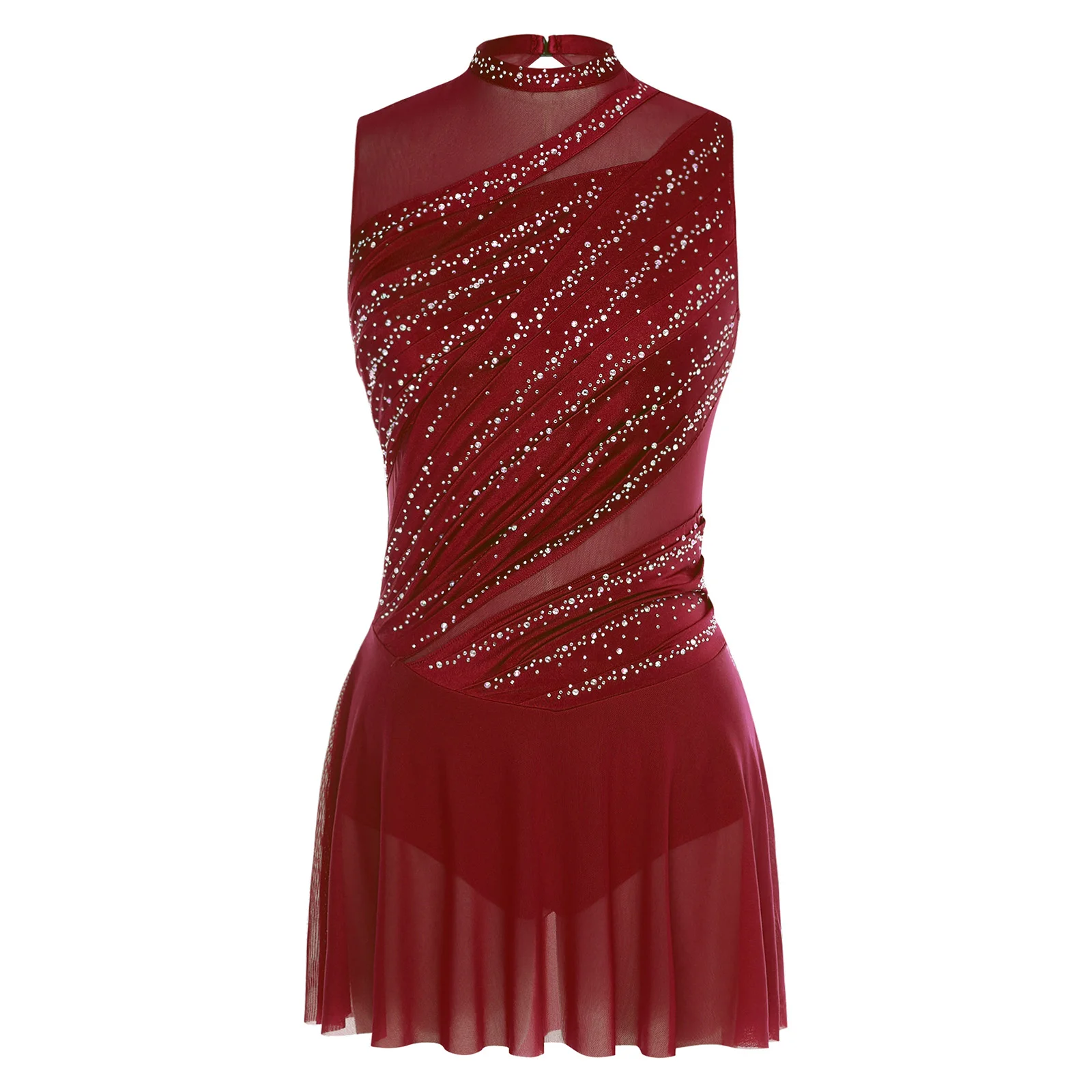 Womens Shiny Rhinestone Gymnastics Figure Skating Dresses Ballet Jersey Lyrical Dance Performance Costume Ruched Dance Dress