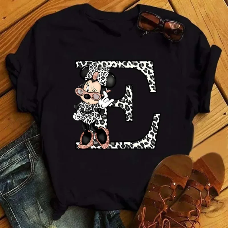 Disney Minnie Mouse A-Z Letters Children T-shirt Summer Short Sleeve Cotton Tshirt Boy Girl Clothing Fashion Top Casual Baby Tee