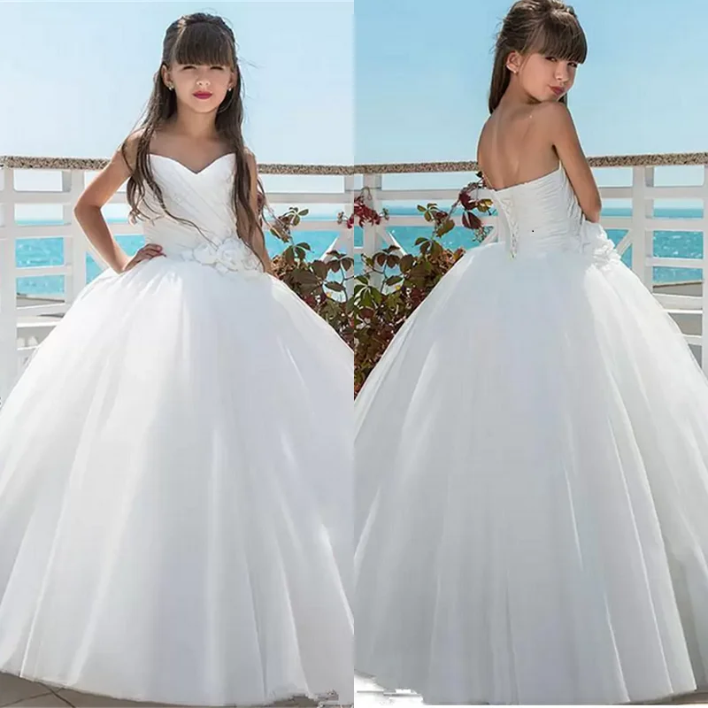 

Princess Flower Girls Dresses Bateau Neck Beaded Sash Lace Half Sleeves Pageant Gowns Long Floor Tulle Communion Dress