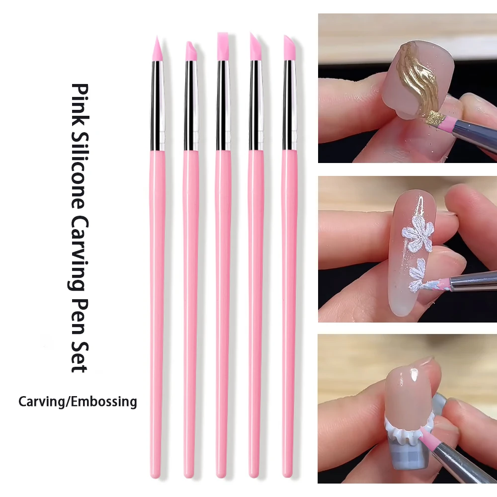 5pcs 180mm mini Pink Silicone Press Pen Set Pink Acrylic Handle for Carving/Embossing/Powder Rubbing Nail Silicone brush Tools