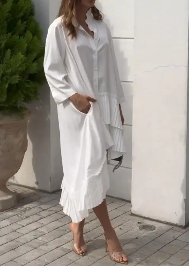 

Women Dresses Pleated High Neck Button Down Asymmetrical Pleated Ruffle Hem Vacation Dress Casual High-Low Hem Loose Dress