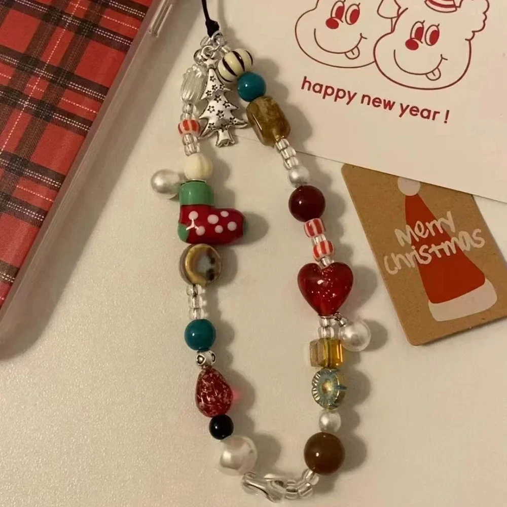 

Korea Cute Christmas Tree Socks Pendant Strap Cord For iPhone Keyring Bag Women Phone Chain Decor Hanging Gift Lanyard Rope