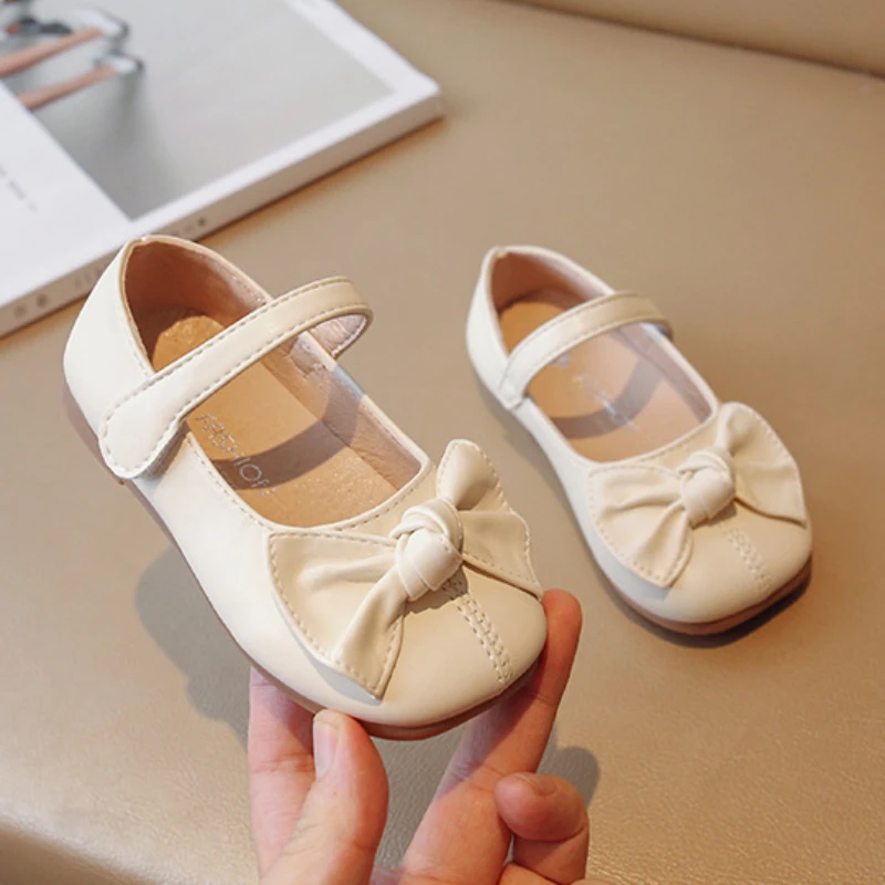 Girls' Flat Shoes Korean Style Kids Causal Princess Leather Shoes Fashion Versatile Children's Walking Shoes Solid Color Bowtie