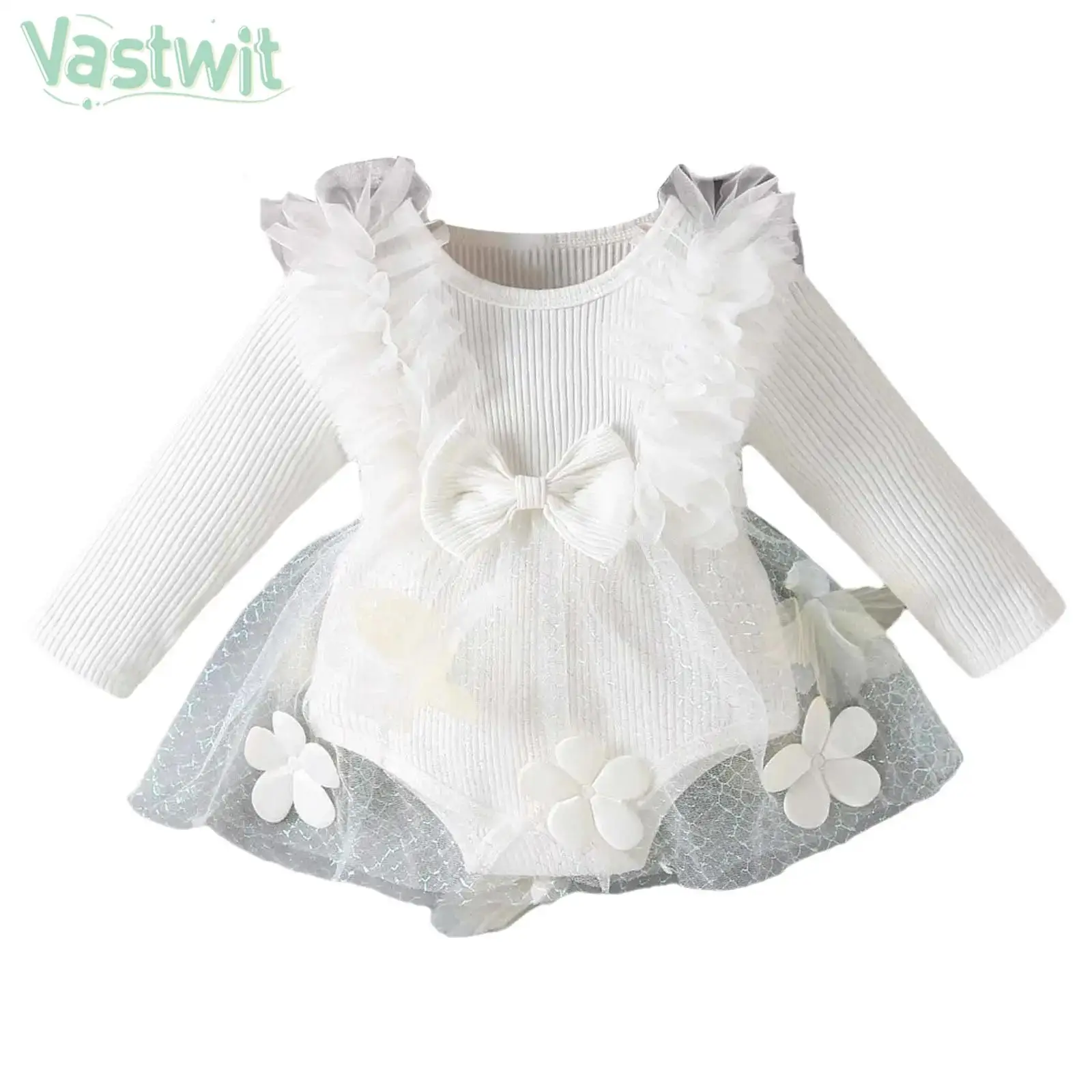 

Baby Girls Romper Princess Dress Wedding Birthday Party Photography Ball Gown Long Sleeve Sweet Flowers Bow Tutu with Headband