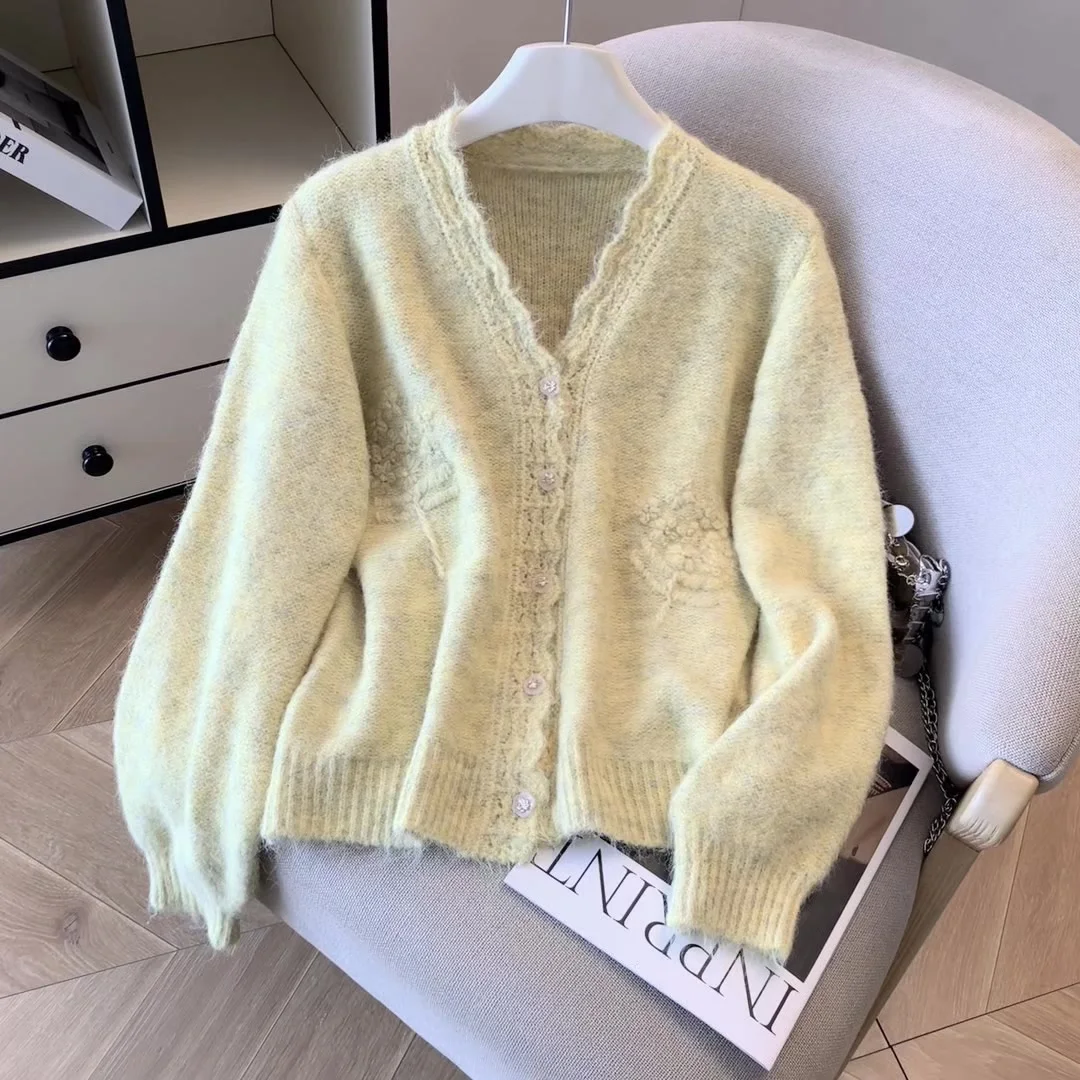 

Women Yellow Embroidery Cardigan Knit Sweater Vintage 2000s Y2k V-Neck Luxury Knitwear Long Sleeves Cashmere Sweater Autumn 2025